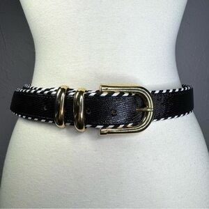 Vintage Sandy Duftler Designs Black and White Leather Belt Gold‎ Buckle Small